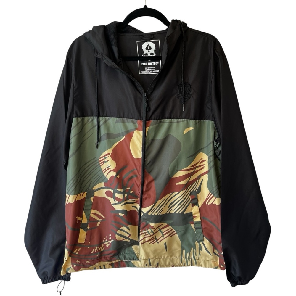 Zero Foxtrot Windbreaker jacket L Hooded Camo black Lightweight Mens Pockets